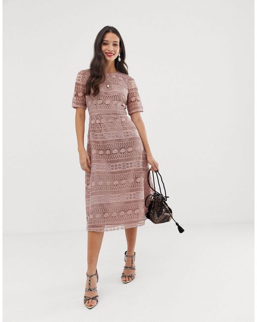 ASOS Pink Premium Lace Midi Dress