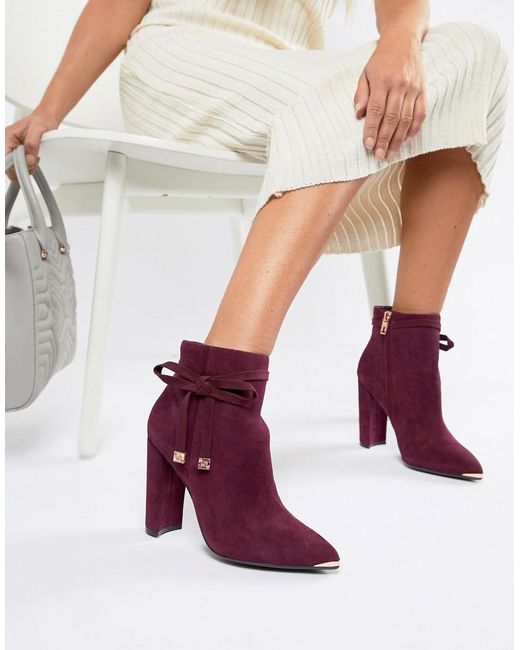 Ted Baker Red Burgundy Suede Heeled Ankle Boots With Bow