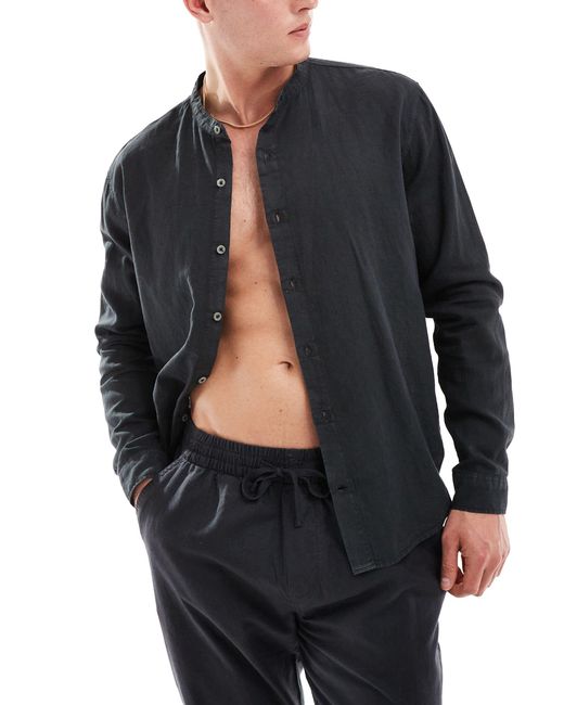 Pull&Bear Black Linen Look Long Sleeve Grandad Neck Shirt for men