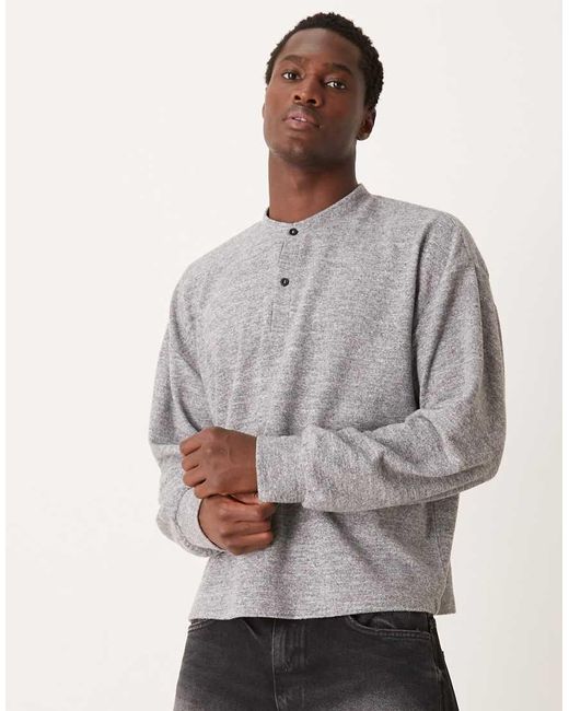 ASOS Gray Oversized Boxy Long Sleeve T-shirt With Henley Neck for men