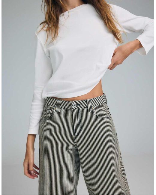 Stradivarius Gray Petite D80 Striped Barrel-leg Jeans