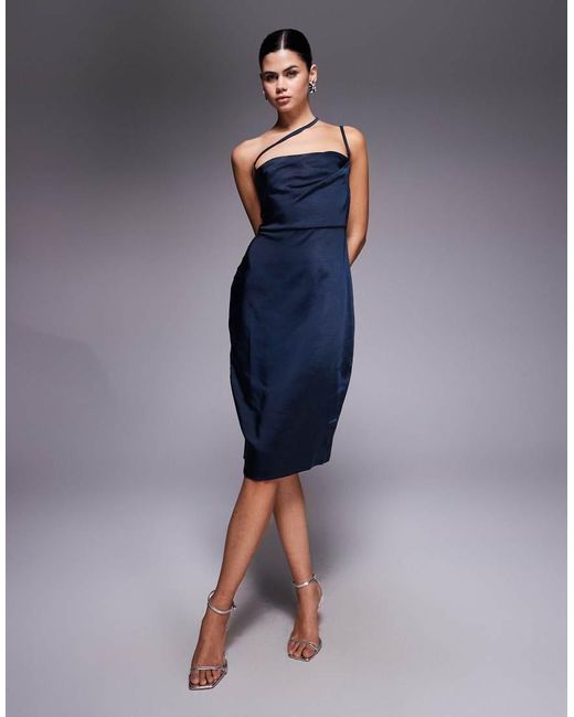 Vesper Blue Pleat Detail Strappy Satin Midi Dress