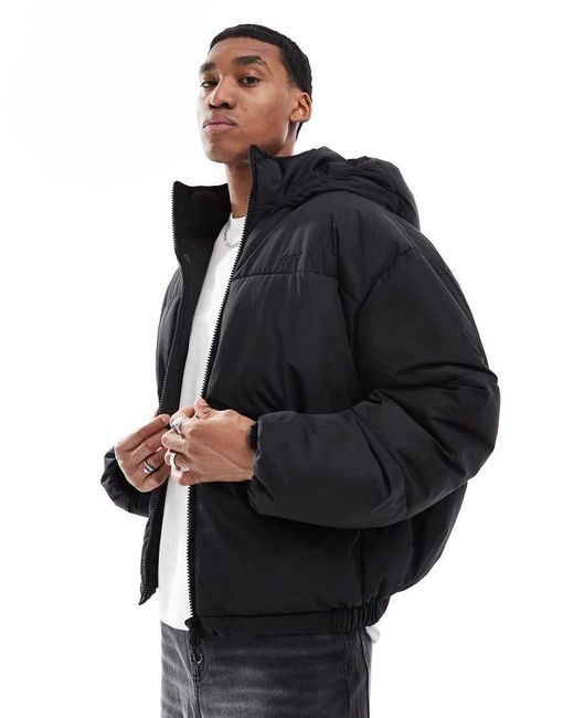 Pull&Bear Black Boxy Puffer Jacket With Hood for men