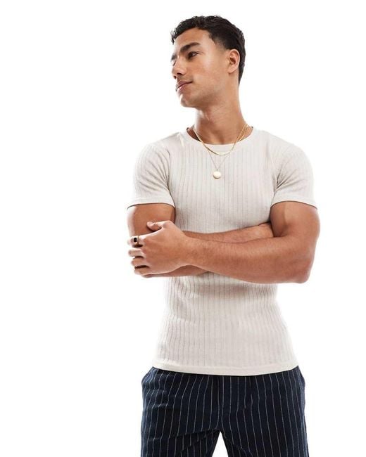 Jack & Jones White Muscle Fit Ribbed T-shirt for men