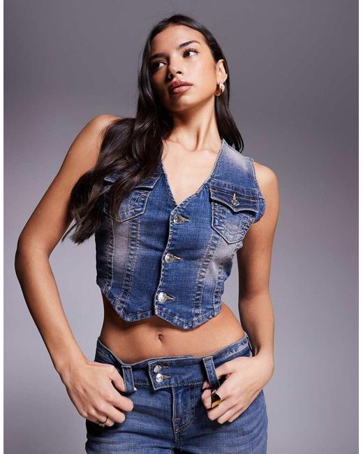 True Religion Blue Red Pigment Denim Button Through Singlet