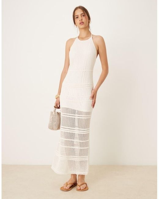 Abercrombie & Fitch Natural Crochet High Neck Open Back Maxi Dress With Beaded Straps