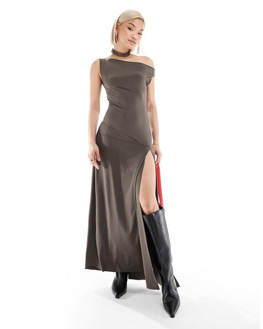 Weekday Gray Lo Maxi Dress With Drape Off Shoulder And Low Waist