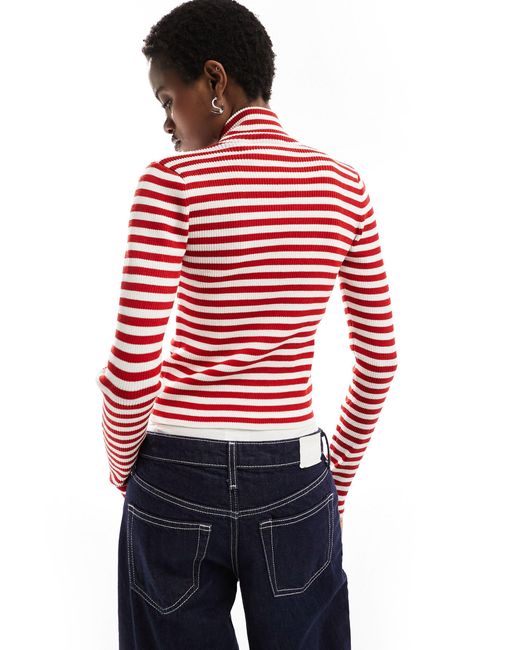 Monki Red Cropped Knitted Cardigan With Front Zip