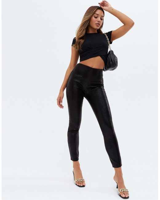 New Look Faux Leather Croc Effect legging in Black - Lyst
