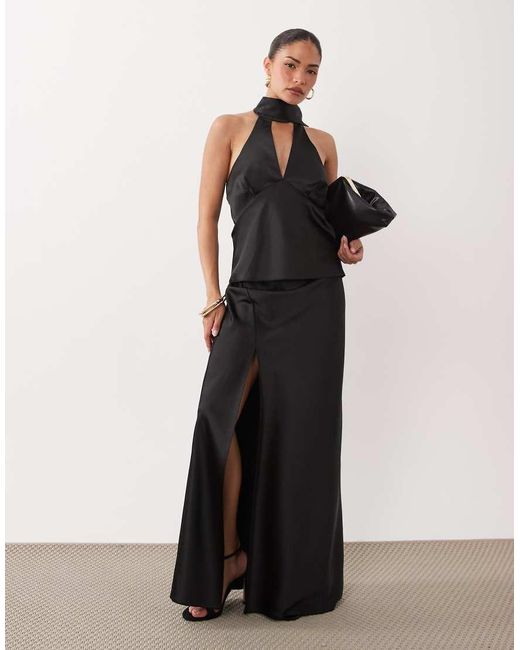 Miss Selfridge Black Satin Scarf Detail Top Co-Ord