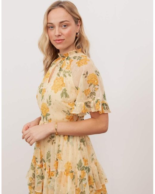 ANAYA Natural Floral Print Short Sleeve Tiered Midaxi Dress