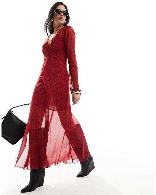 Mango Red V Neck Spot Print Midi Dress