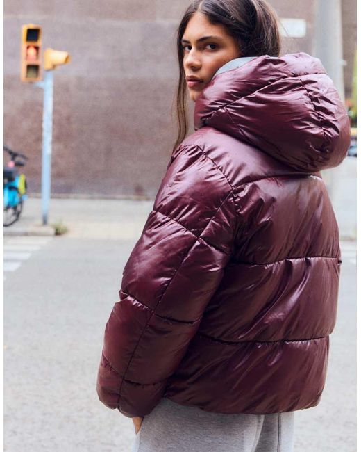 Bershka Purple Oversize Hooded Puffer Jacket