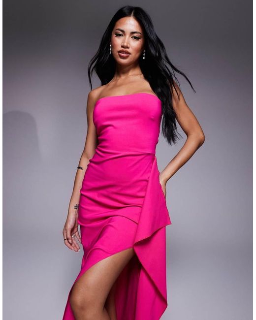 Vesper Pink Bengaline Bandeau Side Drape Detail Maxi Dress