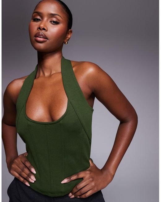 ASOS Green Interlock Halter Neck Corset Top With Boning