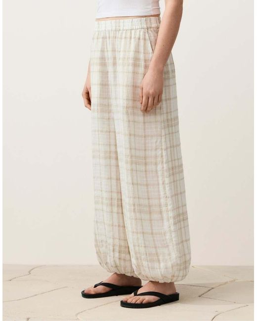 Oysho Natural Long Checked Bloomer Trousers With Side Pockets.65% Linen