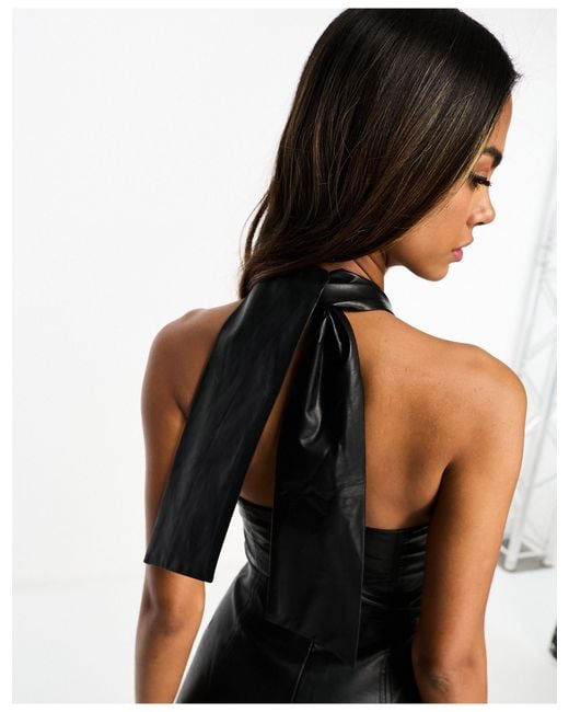 Urban Revivo Black Faux Leather Corsage Detail Halter Mini Dress