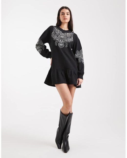 Miss Selfridge Black Cutwork Embroidered Drop Waist Sweat Dress