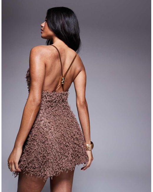 ASOS Textured Fluffy Halter Neck Mini Dress in Brown | Lyst UK