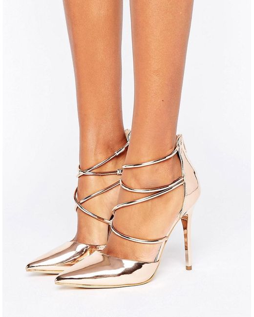 Office Metallic Spears Rose Gold Cross Strap Heeled Shoes