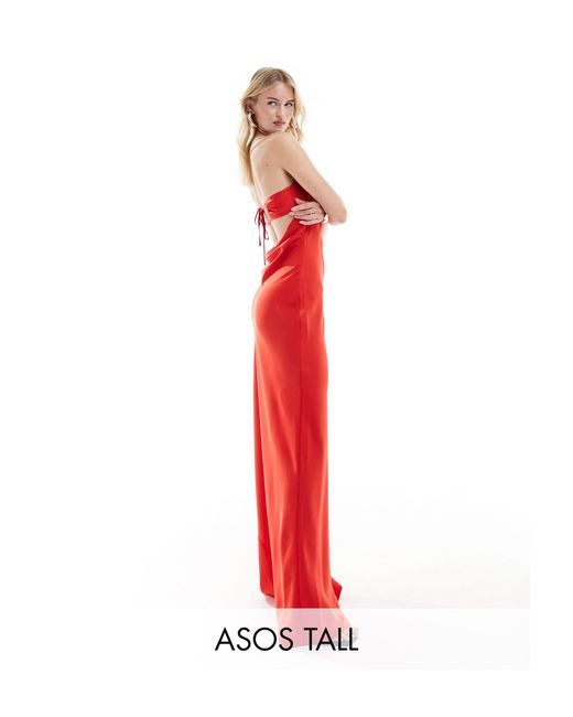 ASOS Red Asos Design Tall Satin Bandeau Bias Maxi Dress With Tie Back