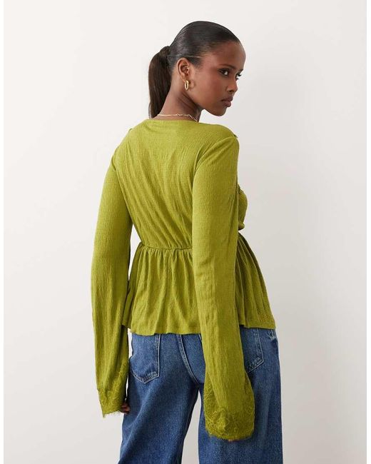 ASOS Green Crinkle Lace Trim Plunge Top With Flare Sleeve