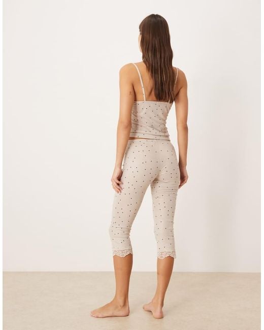 ASOS Natural Honey Slinky Polka Dot Capri Pant Pyjama With Lace Trim