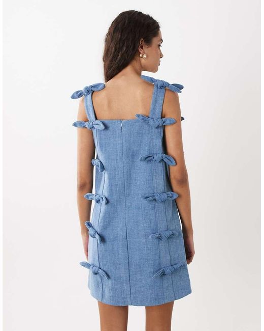 Sister Jane Blue Larsson Denim Square Neck Bow Detail Mini Dress