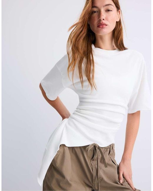 Stradivarius White Asymmetric Short Sleeve T-shirt