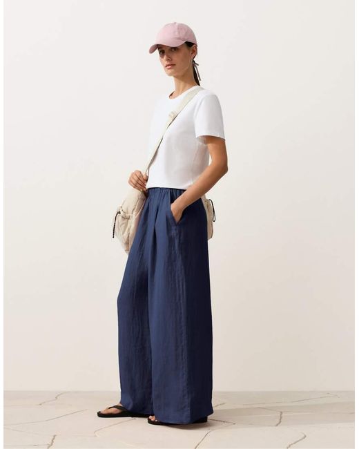 Oysho Blue 100% Linen Wide Leg Trousers