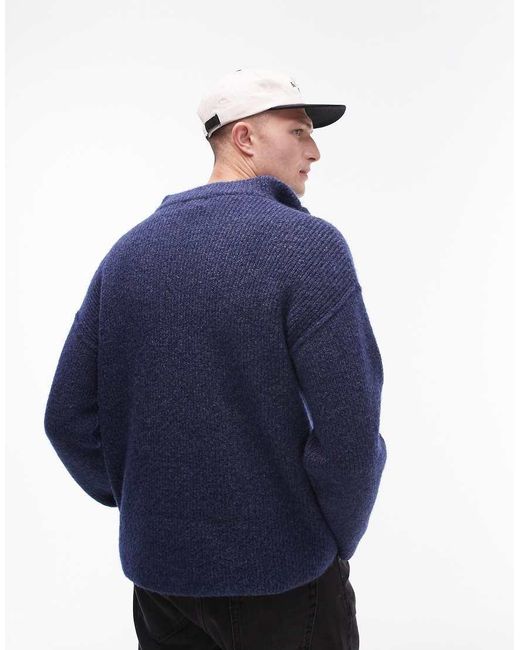 Topman Blue Oversized 1/4 Zip Jumper for men