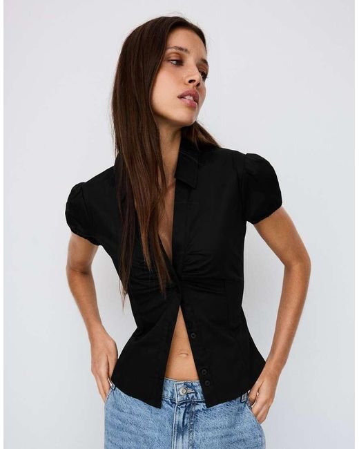 Bershka Black Short Sleeve Poplin Shirt With Bow