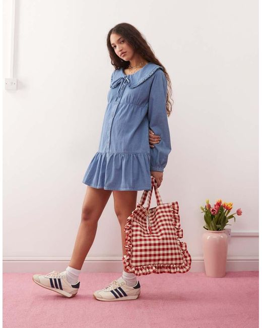 Miss Selfridge Blue Tie Front Ruffle Midi Dress