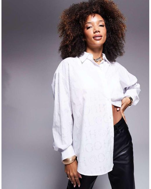 Camicia Bianca Semitrasparente Con Stampa Del Logo di HUGO in White