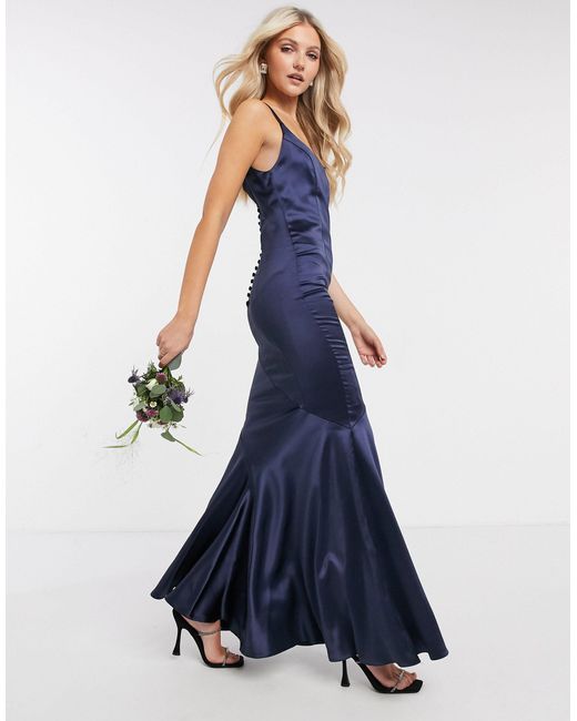 ASOS Blue Bridesmaid Satin Scoop Maxi Dress With Paneled Skirt And Button Back