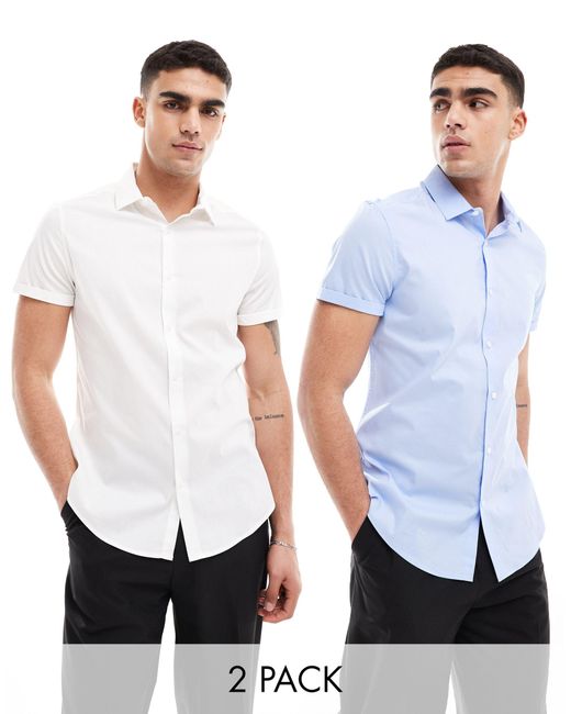 Confezione da 2 camicie slim fit elasticizzate casual bianca e blu di ASOS in White da Uomo