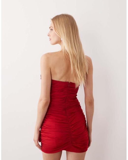 JW PEI Red Bandeau Corsage Applique Bust Detail Plunge Cut Out Ruched Mini Dress