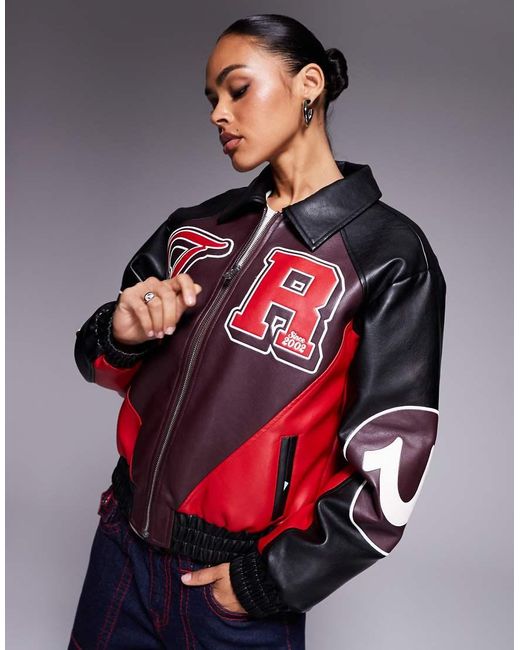 True Religion Gray Leather Look Color Block Logo Varsity Jacket