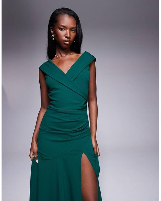 Goddiva Green Scuba Crepe Off Shoulder Front Split Maxi Dress