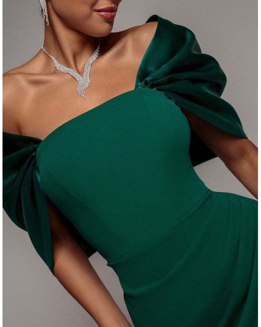 Goddiva Green Off Shoulder Back Satin Bow Wrap Crepe Midi Dress