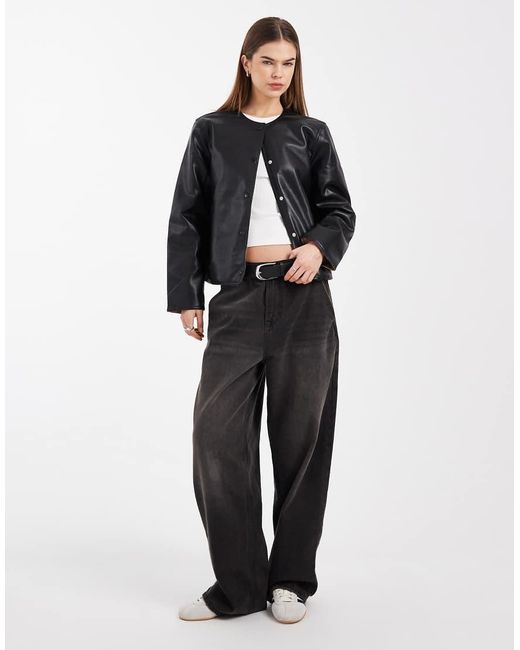 Vero Moda Black Collarless Faux Leather Short Jacket With Quilted Lining