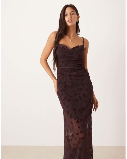ASOS Brown Flocked Floral Cami Cowl Neck Maxi Dress