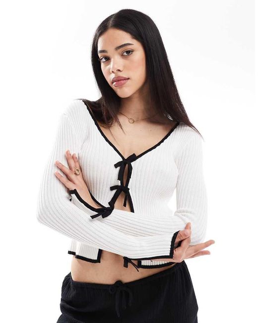 Brave Soul White Tie Front Cardigan With Contrast Detail