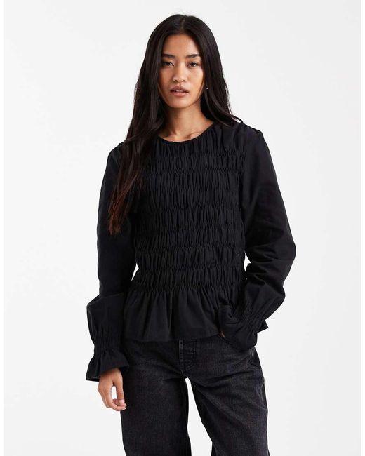 Vero Moda Black Shirred Bodice Top With Poet Sleeve