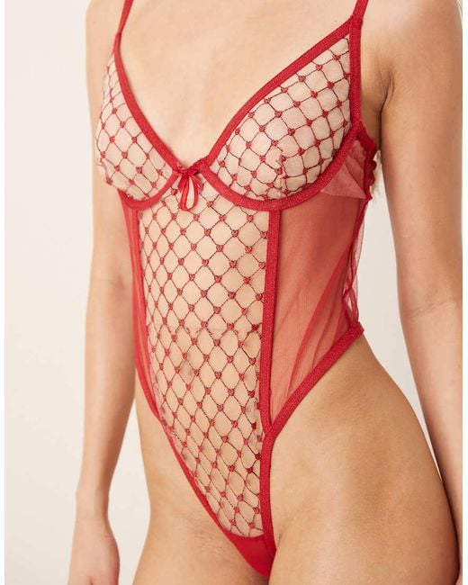 For Love & Lemons Red Scarlet Mesh Plunge Neck Cut Out Back Bodysuit