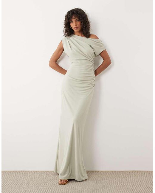Six Stories White Bridesmaid Stretch Off Shoulder Draped Maxi Dress
