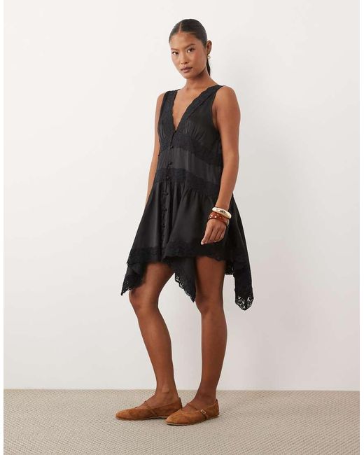 Miss Selfridge Black Satin Lace Insert Hanky Hem Mini Dress