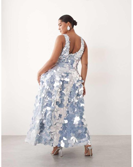 ARRANGE White Curve Embellished Disc Sequin Square Neck Full Skirt Midi Dress