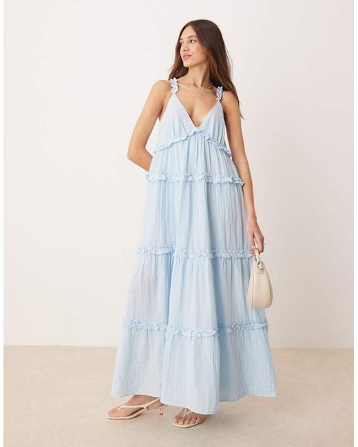 Y.A.S Blue Tiered Ruffle Detail Cami Maxi Dress