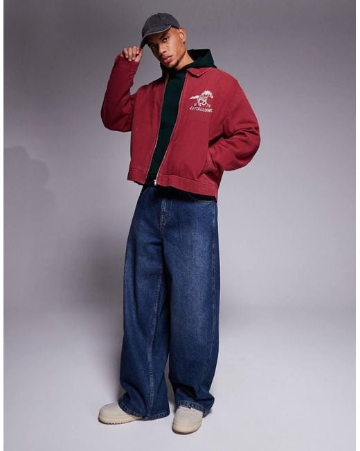 ASOS Red Harrington Jacket With Chest Embroidery for men